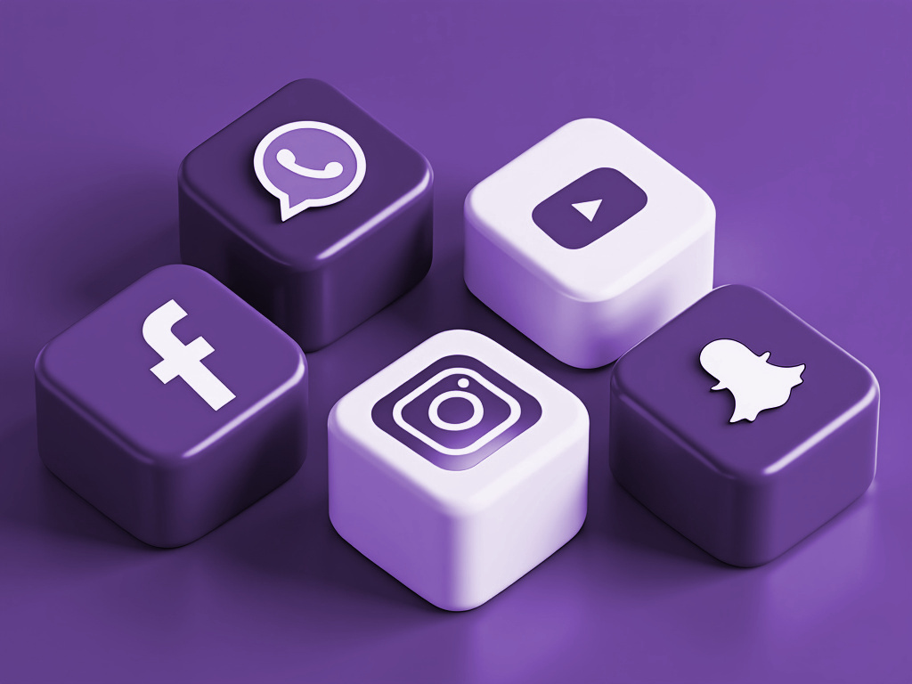 Image of 3D cubes containing on each side a different social media logo.