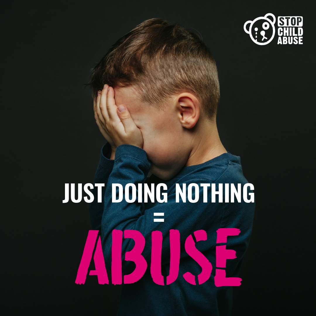 an image dominated by the color black in the background with a child in profile with his hands covering his face and below the image the text says Just going nothing = in bold white abuse in bold pink.