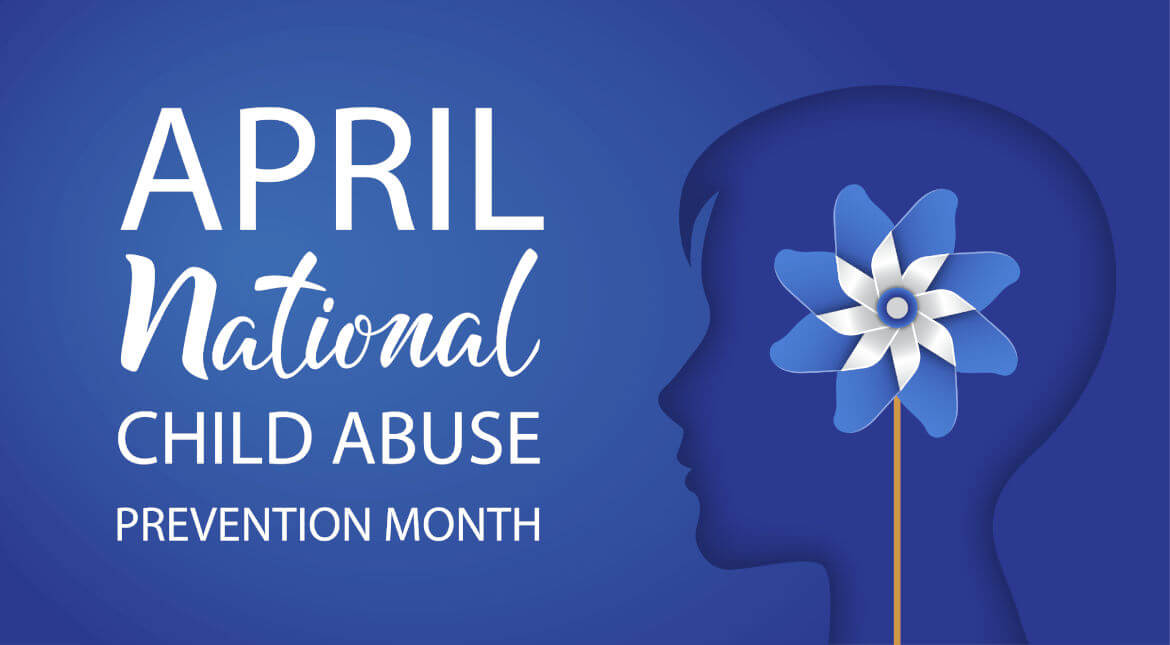 An image dominated by shades of blue depicts the silhouette of a child's head in profile. Inside the head, instead of a brain, there's a pinwheel spinning, symbolizing innocence and playfulness. The background is a gradient of lighter and darker blues. At the top of the image, the text reads April National Child Abuse Prevention Month in bold white letters against the blue background.