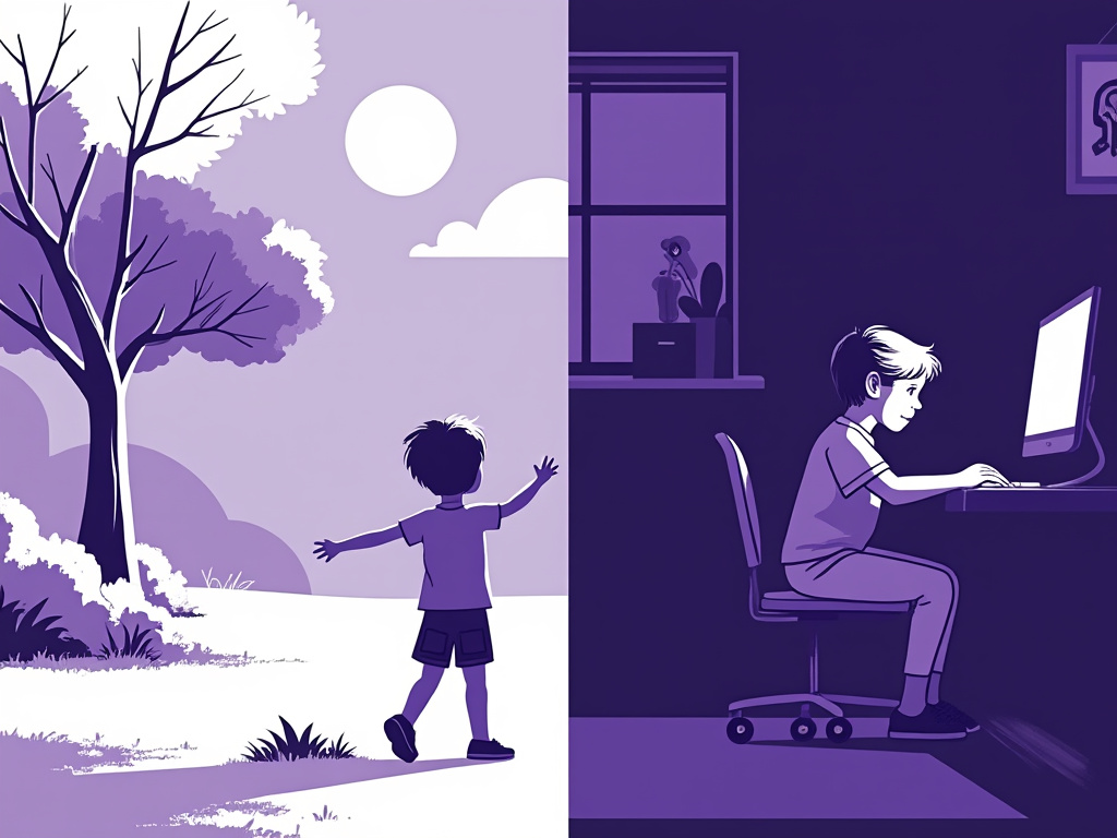Image of a split scene showing a child playing outside happy in the sun on one side, and on the other, a child sitting alone in a dimly lit room.
